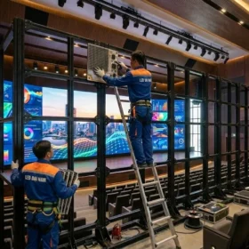 Đội ngũ kỹ thuật viên chuyên nghiệp đang thực hiện thi công màn hình LED hội trường thực tế