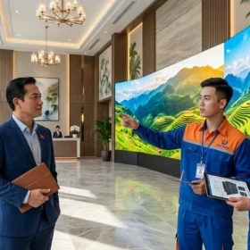 Kỹ thuật viên LED Đại Nam đang tư vấn thi công màn hình led hội trường cho khách hàng