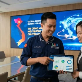 Kỹ thuật viên LED Đại Nam tư vấn thi công màn hình LED hội trường cho khách hàng