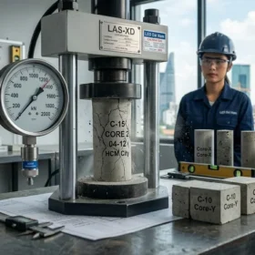 Máy nén mẫu bê tông trong phòng thí nghiệm kiểm định xây dựng đạt chuẩn LAS-XD