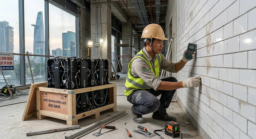 Kiểm tra hiện trạng vách gạch sảnh tòa nhà trước khi thực hiện thử nghiệm keo dán gạch.