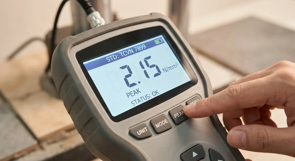 Màn hình hiển thị số liệu cường độ bám dính sắc nét trong quá trình thử nghiệm keo dán gạch.