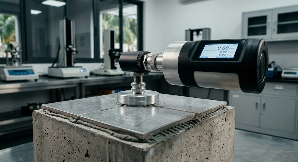 Máy kéo nhổ đo cường độ bám dính trong thử nghiệm keo dán gạch chuẩn TCVN.