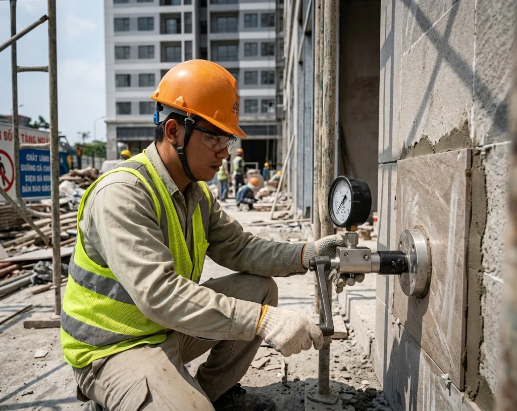 Kỹ thuật viên Đại Nam thực hiện phương pháp nhổ (Pull-off) để thử nghiệm keo dán gạch tại công trường.