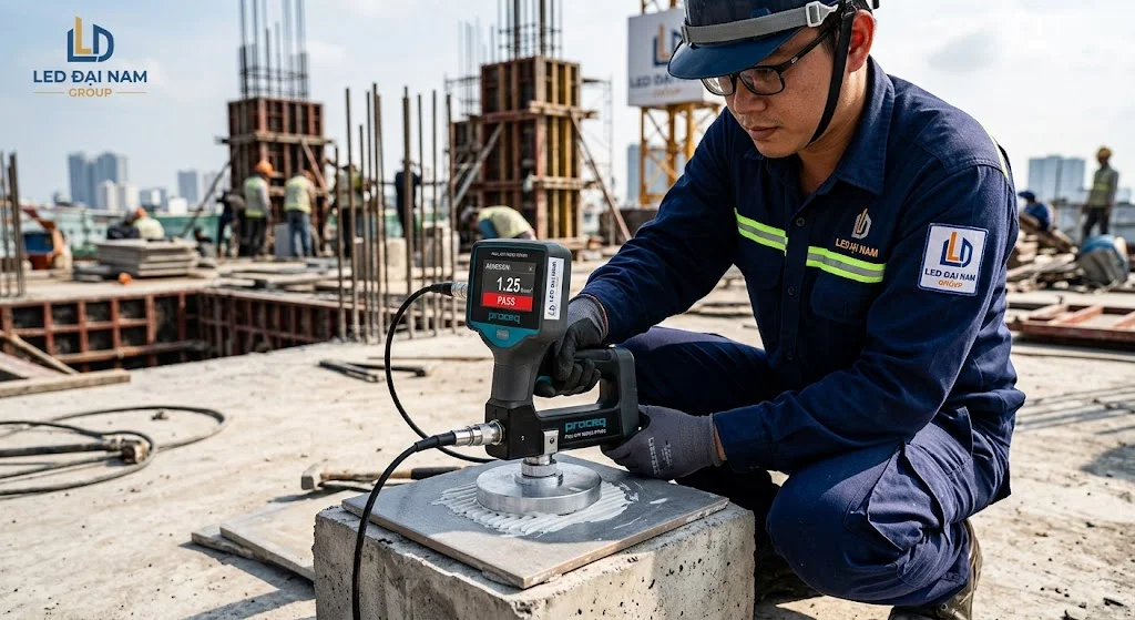 Kỹ thuật viên thực hiện quy trình thử nghiệm keo dán gạch chuẩn phòng LAB