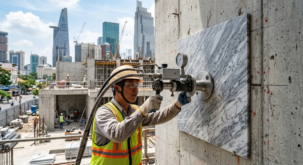 Thử nghiệm keo dán gạch bằng phương pháp kéo nhổ ngàm trực tiếp tại công trình.