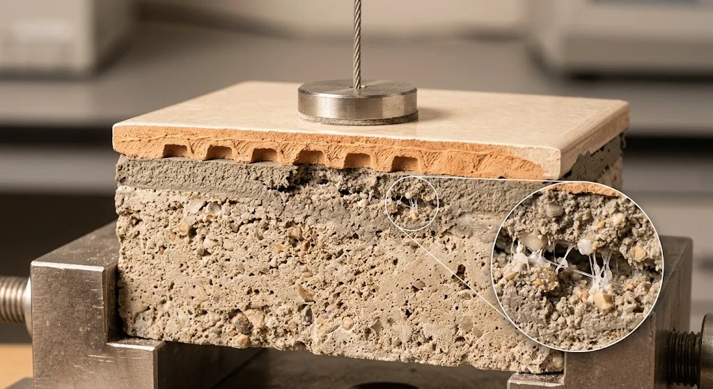 Chi tiết mặt cắt điểm liên kết vật liệu trong quy trình thử nghiệm keo dán gạch.