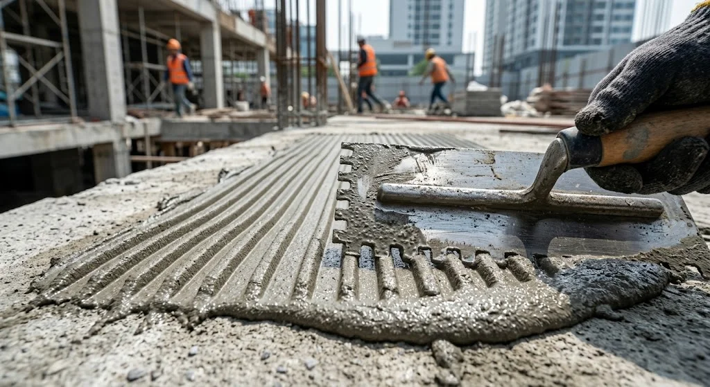 Kéo bay răng cưa tạo gân vữa trong thử nghiệm keo dán gạch tại công trường.