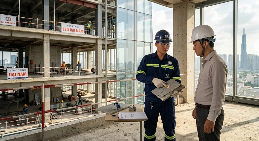 Chuyên gia LED Đại Nam tư vấn thử nghiệm keo dán gạch cho khách hàng