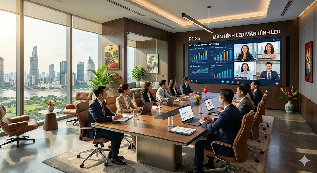 Màn hình led p1 86 lắp đặt tại phòng họp VIP giúp hiển thị văn bản và biểu đồ sắc nét