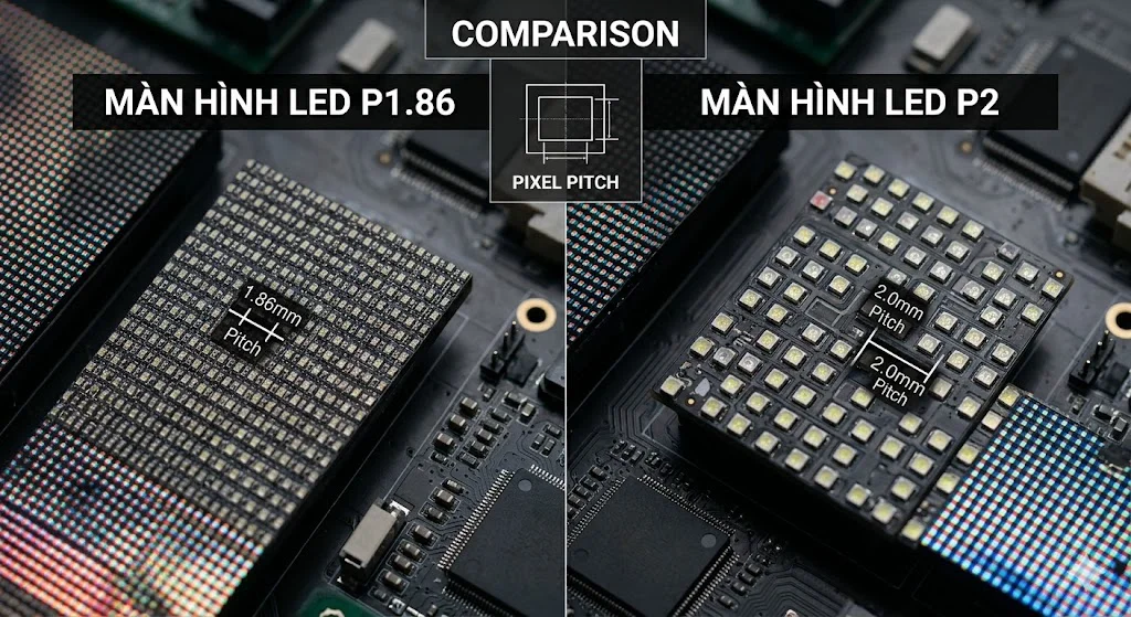 So sánh thực tế độ mịn giữa màn hình led p1 86 và dòng P2 truyền thống ở cự ly gần