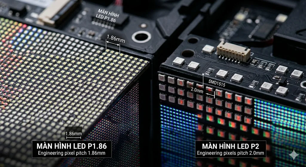 So sánh thực tế độ mịn giữa màn hình led p1 86 và dòng P2 truyền thống ở cự ly gần
