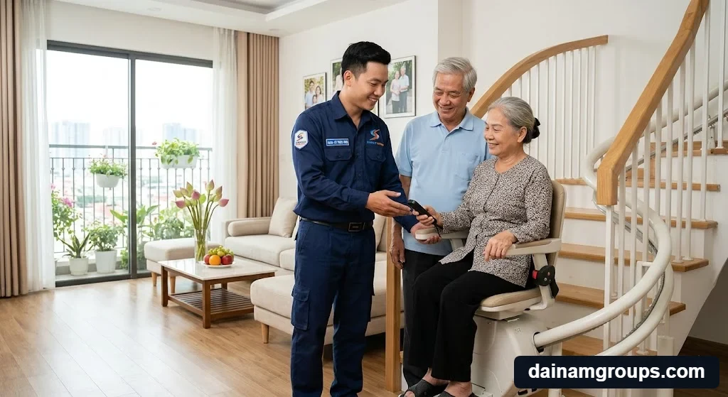 Kỹ thuật viên tư vấn tận tình giải pháp Thang máy ghế điện cầu thang cho người già