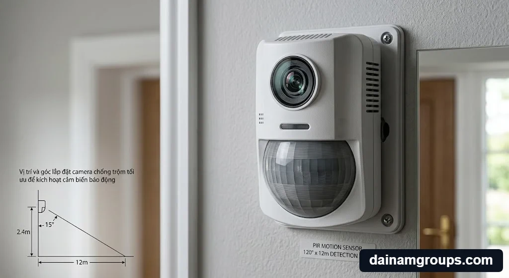 Chi tiết kỹ thuật Vị trí và góc lắp đặt camera chống trộm tối ưu để kích hoạt cảm biến báo động