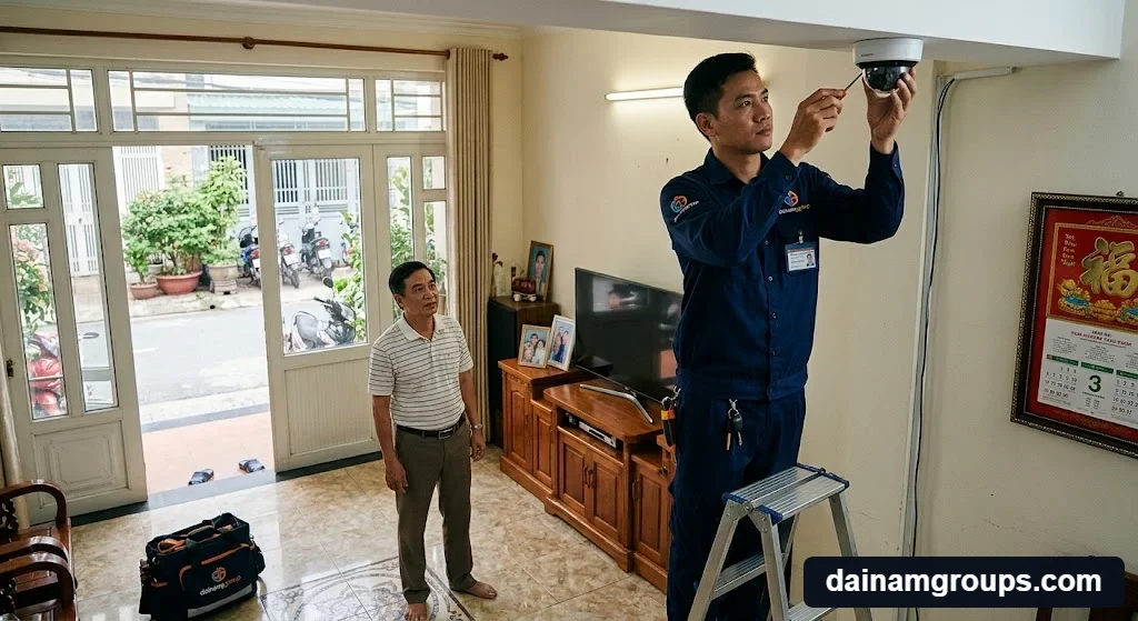 Kỹ thuật viên tư vấn Vị trí và góc lắp đặt camera chống trộm tối ưu để kích hoạt cảm biến báo động