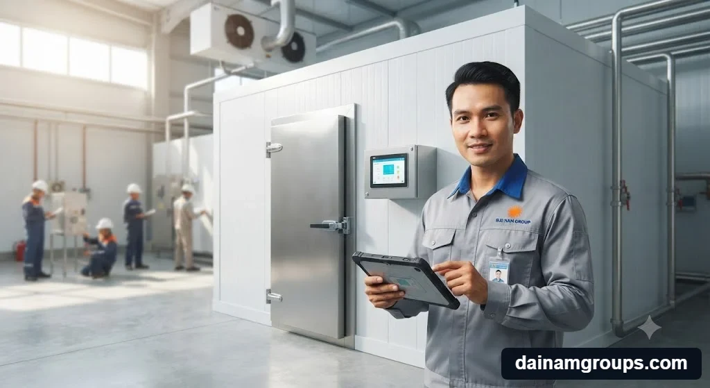 Kỹ thuật viên Đại Nam đang thi công và nghiệm thu kho cấp đông nhanh