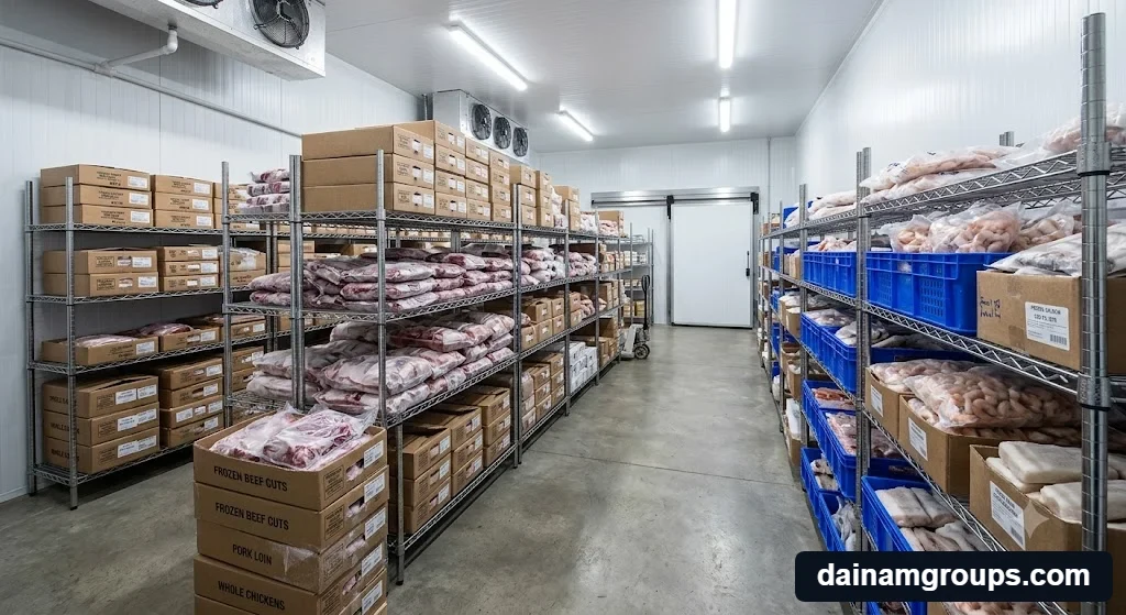 Bên trong kho đông lạnh thực phẩm với kệ inox chứa thịt và hải sản cấp đông.