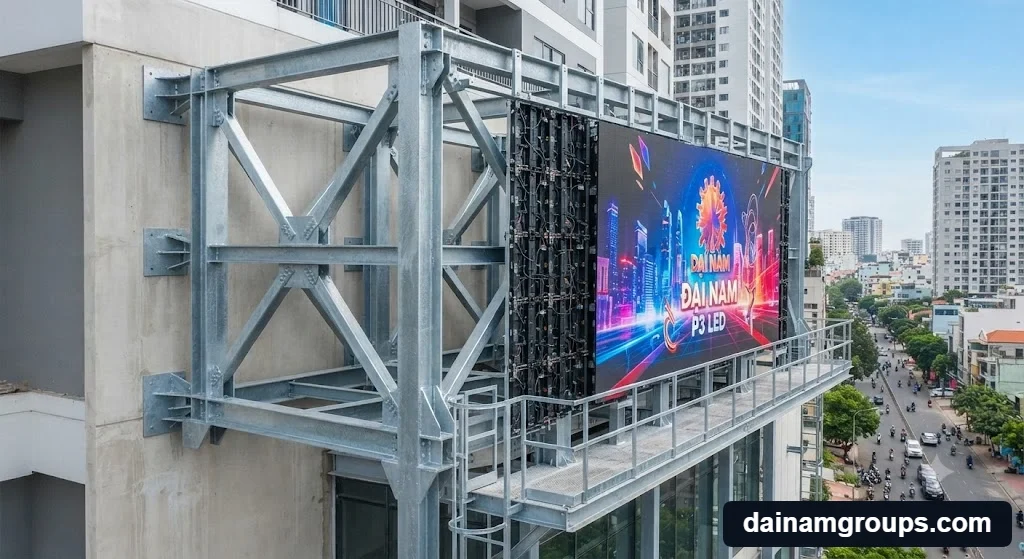 Tiêu chuẩn kết cấu khung thép chịu gió bão của màn hình led p3 outdoor