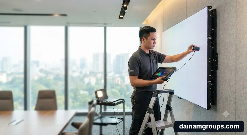 Kỹ thuật viên chuyên nghiệp đang lắp đặt và kiểm tra màn hình led phòng họp 100 inch